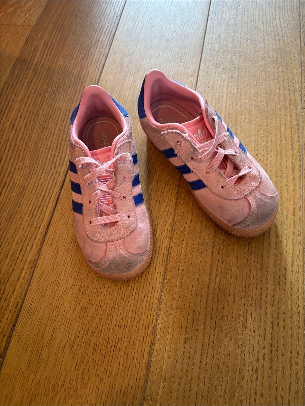adidas Pink Suede Kids Sneakers with Blue Stripes